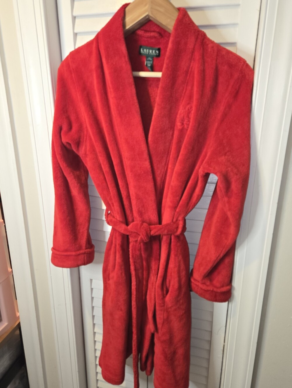 Lauren Ralph Lauren Red Plush Fleece Robe Medium Shawl Collar Embroidered LRL